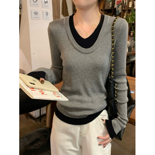 韓系假兩件V領針織打底衫女早秋季新款高級感內搭毛衣修身上衣