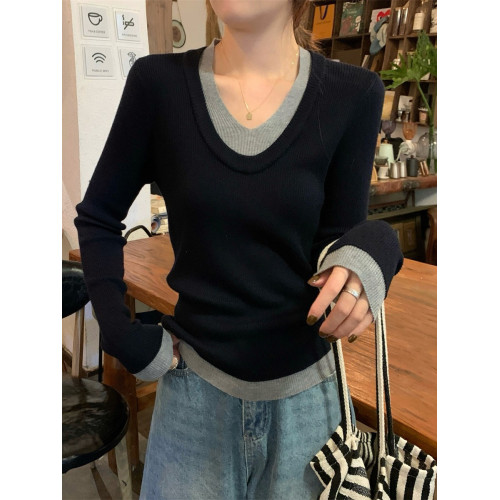 韓系假兩件V領針織打底衫女早秋季新款高級感內搭毛衣修身上衣