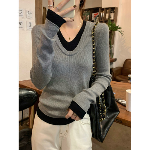 韓系假兩件V領針織打底衫女早秋季新款高級感內搭毛衣修身上衣