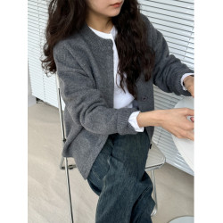 灰色毛衣開衫女秋冬新款圓領韓系高級感釦子短款針織衫外套上衣