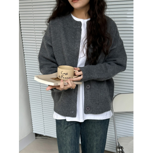 灰色毛衣開衫女秋冬新款圓領韓系高級感釦子短款針織衫外套上衣