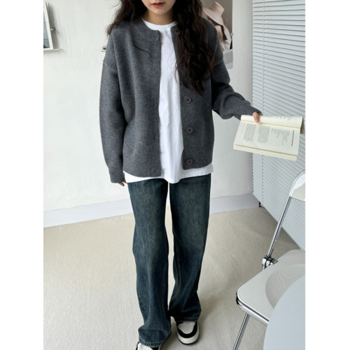 灰色毛衣開衫女秋冬新款圓領韓系高級感釦子短款針織衫外套上衣