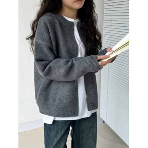 灰色毛衣開衫女秋冬新款圓領韓系高級感釦子短款針織衫外套上衣
