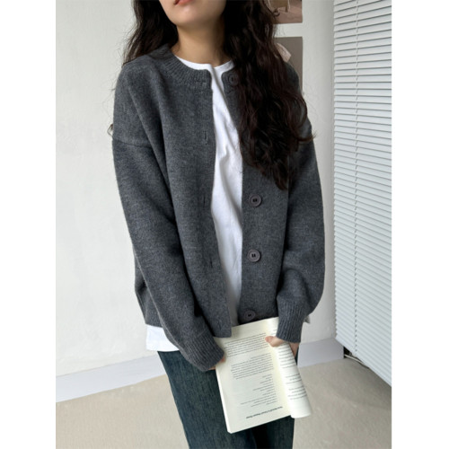 灰色毛衣開衫女秋冬新款圓領韓系高級感釦子短款針織衫外套上衣