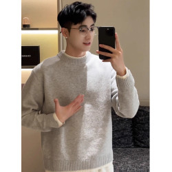 灰色圓領正肩毛衣男款秋冬季韓系慵懶風高級感內搭打底針織衫外套