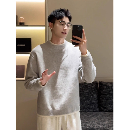 灰色圓領正肩毛衣男款秋冬季韓系慵懶風高級感內搭打底針織衫外套