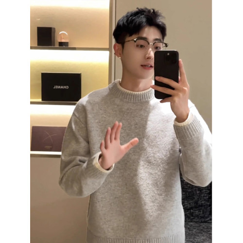 灰色圓領正肩毛衣男款秋冬季韓系慵懶風高級感內搭打底針織衫外套