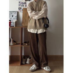 春秋日系復古休閒寬松針織馬甲毛衣男女學院風純色中性情侶背心潮