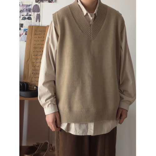 春秋日系復古休閒寬松針織馬甲毛衣男女學院風純色中性情侶背心潮 春秋日系復古休閒寬松針織馬甲毛衣男女學院風純色中性情侶背心潮