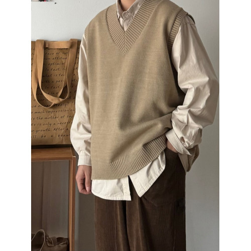 春秋日系復古休閒寬松針織馬甲毛衣男女學院風純色中性情侶背心潮 春秋日系復古休閒寬松針織馬甲毛衣男女學院風純色中性情侶背心潮