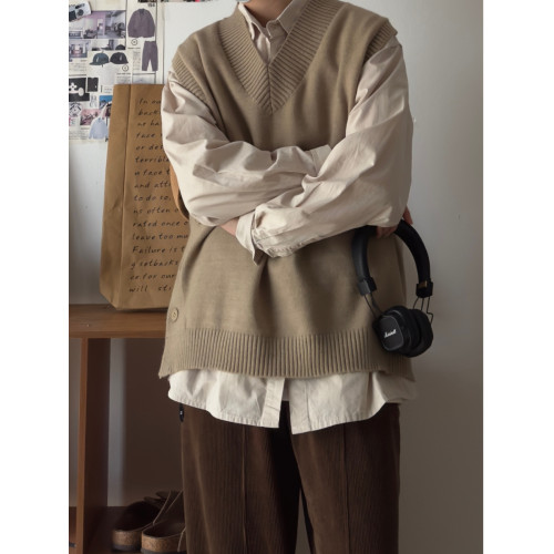 春秋日系復古休閒寬松針織馬甲毛衣男女學院風純色中性情侶背心潮 春秋日系復古休閒寬松針織馬甲毛衣男女學院風純色中性情侶背心潮