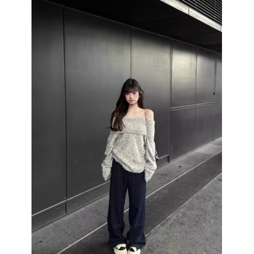 灰色露肩韓系套頭毛衣女秋慵懶風寬松休閒顯瘦氣質小個子長袖上衣 灰色露肩韓系套頭毛衣女秋慵懶風寬松休閒顯瘦氣質小個子長袖上衣