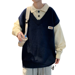 假兩件毛衣男秋冬2022加厚寬松潮牌學院風Polo領針織衫青少年外套