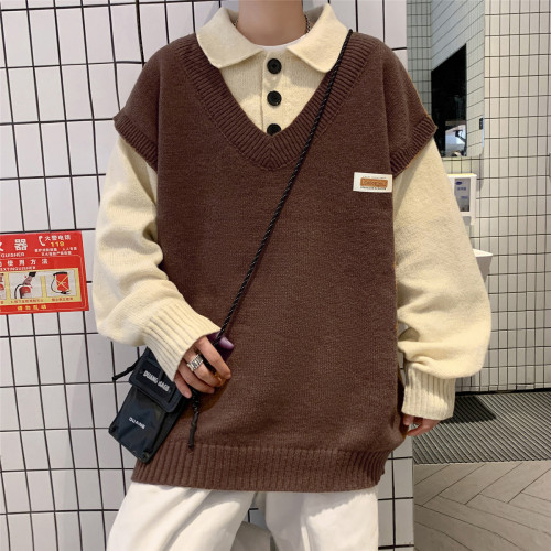 假兩件毛衣男秋冬2022加厚寬松潮牌學院風Polo領針織衫青少年外套 假兩件毛衣男秋冬2022加厚寬松潮牌學院風Polo領針織衫青少年外套