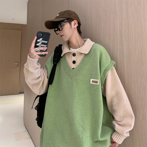 假兩件毛衣男秋冬2022加厚寬松潮牌學院風Polo領針織衫青少年外套 假兩件毛衣男秋冬2022加厚寬松潮牌學院風Polo領針織衫青少年外套