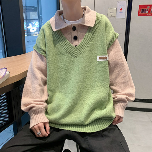 假兩件毛衣男秋冬2022加厚寬松潮牌學院風Polo領針織衫青少年外套 假兩件毛衣男秋冬2022加厚寬松潮牌學院風Polo領針織衫青少年外套