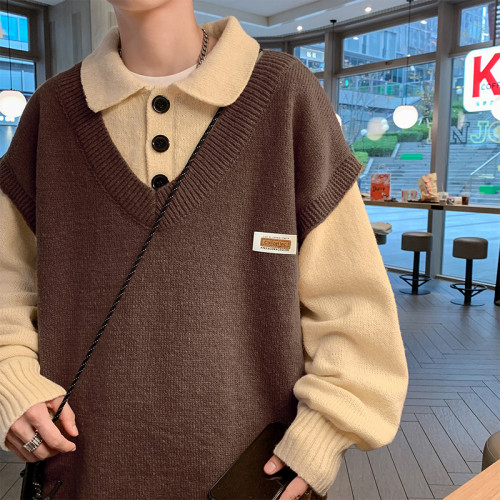 假兩件毛衣男秋冬2022加厚寬松潮牌學院風Polo領針織衫青少年外套 假兩件毛衣男秋冬2022加厚寬松潮牌學院風Polo領針織衫青少年外套