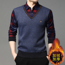 2025秋冬季新款翻領保暖假兩件男長袖上衣商務休閒加絨加厚毛衣男