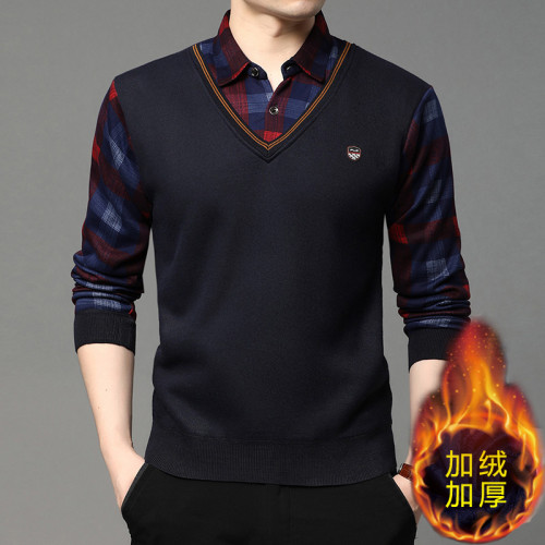 2025秋冬季新款翻領保暖假兩件男長袖上衣商務休閒加絨加厚毛衣男 2025秋冬季新款翻領保暖假兩件男長袖上衣商務休閒加絨加厚毛衣男