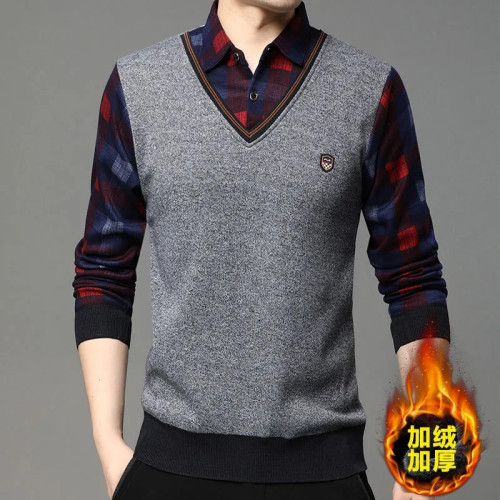 2025秋冬季新款翻領保暖假兩件男長袖上衣商務休閒加絨加厚毛衣男 2025秋冬季新款翻領保暖假兩件男長袖上衣商務休閒加絨加厚毛衣男