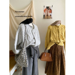 韓國復古黃色咖色羊絨麻花毛衣外套女冬溫柔圓領顯瘦百搭針織開衫