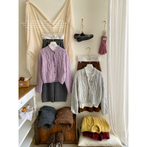 韓國復古黃色咖色羊絨麻花毛衣外套女冬溫柔圓領顯瘦百搭針織開衫 韓國復古黃色咖色羊絨麻花毛衣外套女冬溫柔圓領顯瘦百搭針織開衫