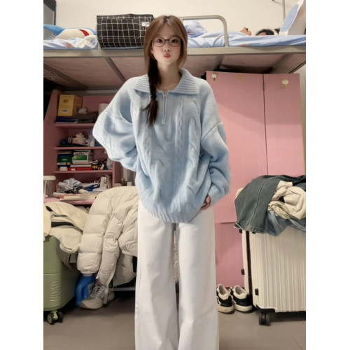 2025新款藍色慵懶風韓系百搭加厚內搭打底針織套頭毛衣外套女秋冬