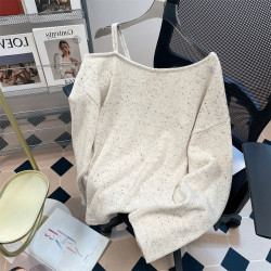 超好看可愛kt貓斜肩露肩毛衣男女秋季復古甜美慵懶松弛感針織上衣
