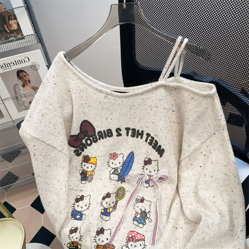 超好看可愛kt貓斜肩露肩毛衣男女秋季復古甜美慵懶松弛感針織上衣 超好看可愛kt貓斜肩露肩毛衣男女秋季復古甜美慵懶松弛感針織上衣