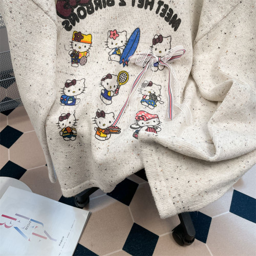 超好看可愛kt貓斜肩露肩毛衣男女秋季復古甜美慵懶松弛感針織上衣 超好看可愛kt貓斜肩露肩毛衣男女秋季復古甜美慵懶松弛感針織上衣