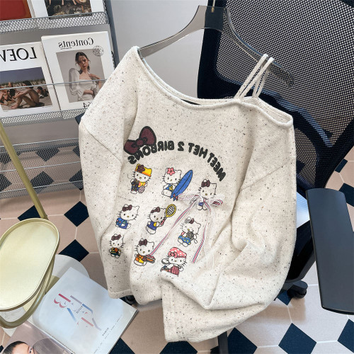 超好看可愛kt貓斜肩露肩毛衣男女秋季復古甜美慵懶松弛感針織上衣 超好看可愛kt貓斜肩露肩毛衣男女秋季復古甜美慵懶松弛感針織上衣