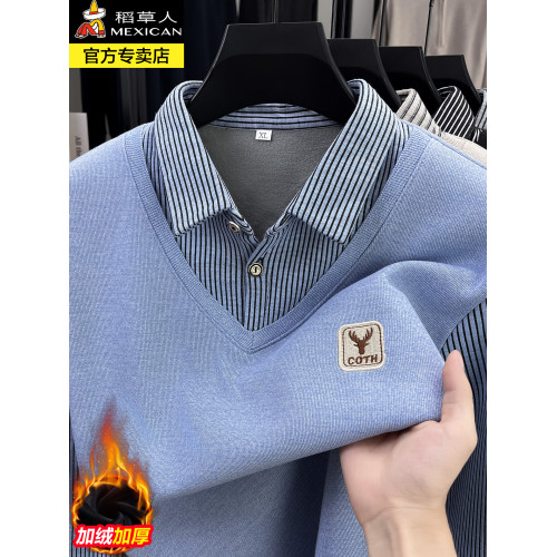 稻草人男士假兩件襯衫領中年爸爸打底衫冬季加絨保暖毛衣男針織衫