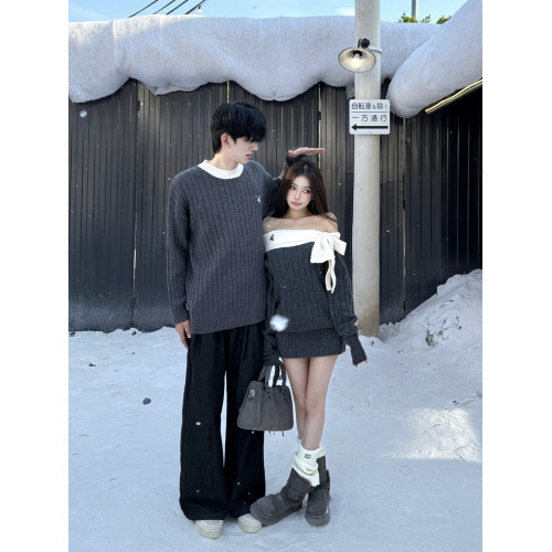 情侶裝秋冬一裙一衣2025新款法式設計感一字肩毛衣針織連衣裙潮流 情侶裝秋冬一裙一衣2025新款法式設計感一字肩毛衣針織連衣裙潮流