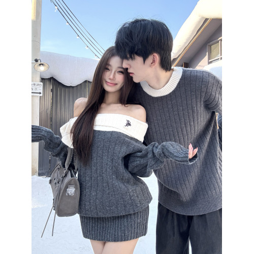 情侶裝秋冬一裙一衣2025新款法式設計感一字肩毛衣針織連衣裙潮流 情侶裝秋冬一裙一衣2025新款法式設計感一字肩毛衣針織連衣裙潮流