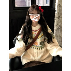 費爾島圓領套頭毛衣女秋冬2025新款慵懶風高級感加厚寬松針織上衣