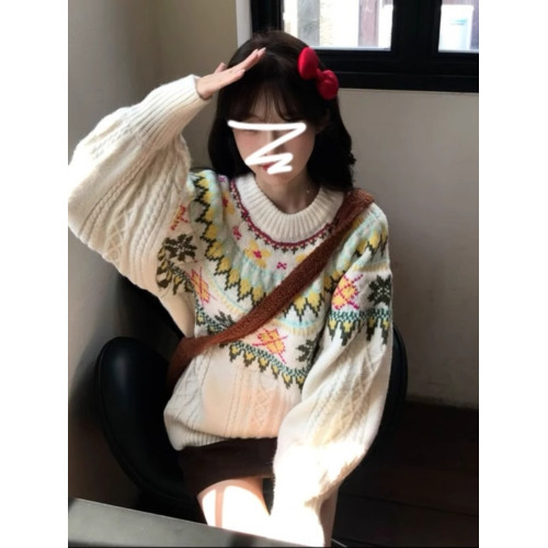 費爾島圓領套頭毛衣女秋冬2025新款慵懶風高級感加厚寬松針織上衣 費爾島圓領套頭毛衣女秋冬2025新款慵懶風高級感加厚寬松針織上衣