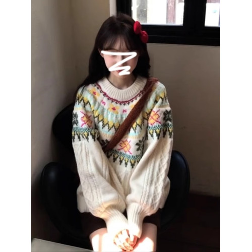 費爾島圓領套頭毛衣女秋冬2025新款慵懶風高級感加厚寬松針織上衣 費爾島圓領套頭毛衣女秋冬2025新款慵懶風高級感加厚寬松針織上衣