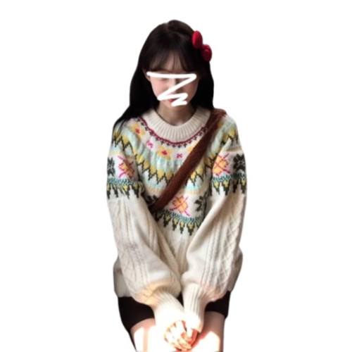 費爾島圓領套頭毛衣女秋冬2025新款慵懶風高級感加厚寬松針織上衣 費爾島圓領套頭毛衣女秋冬2025新款慵懶風高級感加厚寬松針織上衣