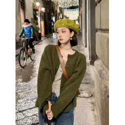 秋冬軟糯寬松慵懶風毛針織開衫外穿大碼海苔綠色森系加厚毛衣外套