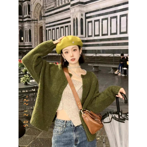 秋冬軟糯寬松慵懶風毛針織開衫外穿大碼海苔綠色森系加厚毛衣外套 秋冬軟糯寬松慵懶風毛針織開衫外穿大碼海苔綠色森系加厚毛衣外套