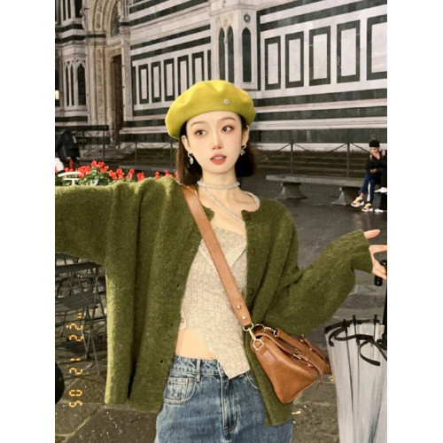 秋冬軟糯寬松慵懶風毛針織開衫外穿大碼海苔綠色森系加厚毛衣外套 秋冬軟糯寬松慵懶風毛針織開衫外穿大碼海苔綠色森系加厚毛衣外套