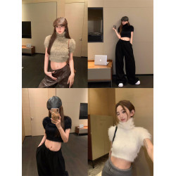 白色仿水貂毛高領針織衫女秋冬韓系修身短款短袖毛衣內搭打底上衣