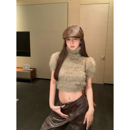 白色仿水貂毛高領針織衫女秋冬韓系修身短款短袖毛衣內搭打底上衣 白色仿水貂毛高領針織衫女秋冬韓系修身短款短袖毛衣內搭打底上衣