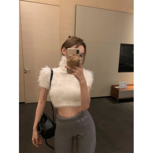 白色仿水貂毛高領針織衫女秋冬韓系修身短款短袖毛衣內搭打底上衣 白色仿水貂毛高領針織衫女秋冬韓系修身短款短袖毛衣內搭打底上衣