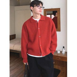 紅色包芯紗針織開衫男條紋肌理感翻領紐釦外套美式休閒工裝polo衫