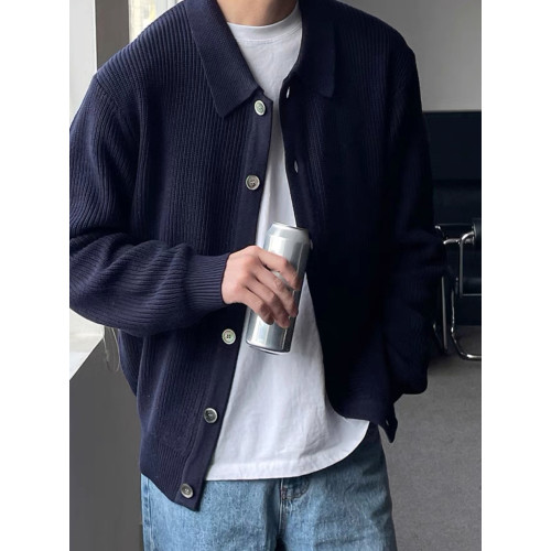 紅色包芯紗針織開衫男條紋肌理感翻領紐釦外套美式休閒工裝polo衫 紅色包芯紗針織開衫男條紋肌理感翻領紐釦外套美式休閒工裝polo衫