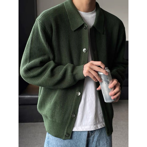 紅色包芯紗針織開衫男條紋肌理感翻領紐釦外套美式休閒工裝polo衫 紅色包芯紗針織開衫男條紋肌理感翻領紐釦外套美式休閒工裝polo衫