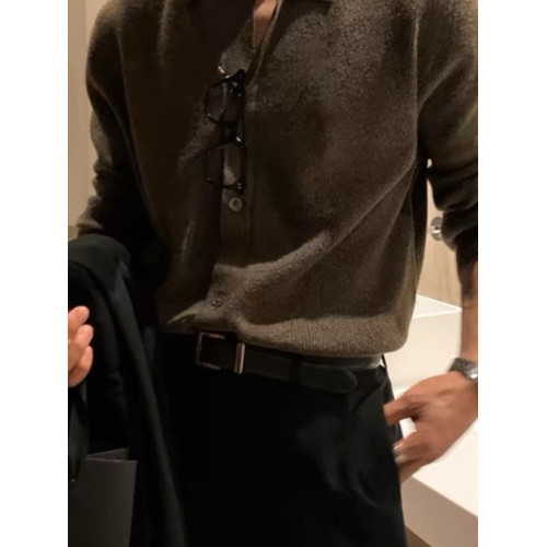 紅色包芯紗針織開衫男條紋肌理感翻領紐釦外套美式休閒工裝polo衫 紅色包芯紗針織開衫男條紋肌理感翻領紐釦外套美式休閒工裝polo衫