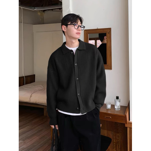 紅色包芯紗針織開衫男條紋肌理感翻領紐釦外套美式休閒工裝polo衫 紅色包芯紗針織開衫男條紋肌理感翻領紐釦外套美式休閒工裝polo衫