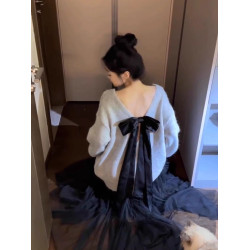 慵懶風露背蝴蝶結圓領毛衣女秋季復古長袖針織衫寬松顯瘦灰色上衣